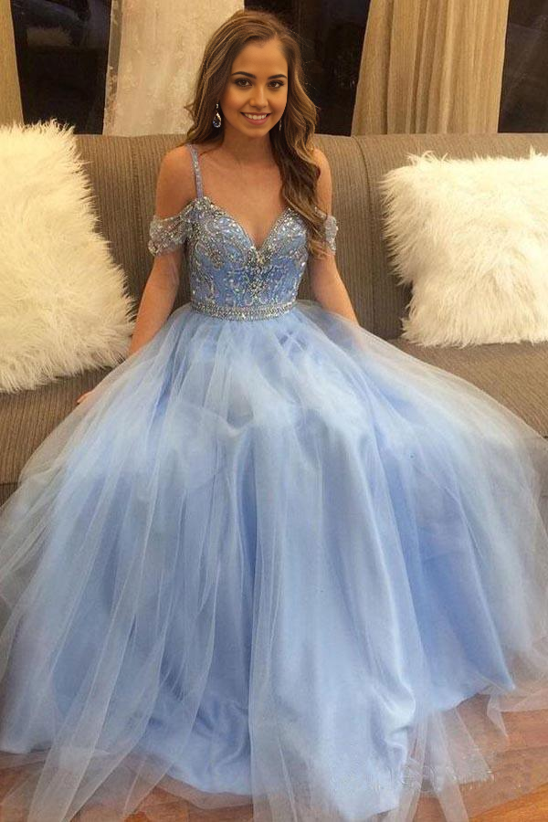 Wholesa A-line Off the Shoulder Sky Blue Beaded Tulle Prom Dresses Long Formal Dresses