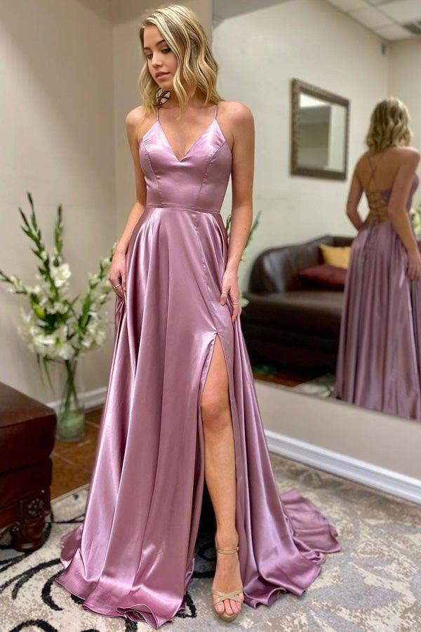 Wholesa A-line V Neck Straps High Split Long Prom Dress With Pockets