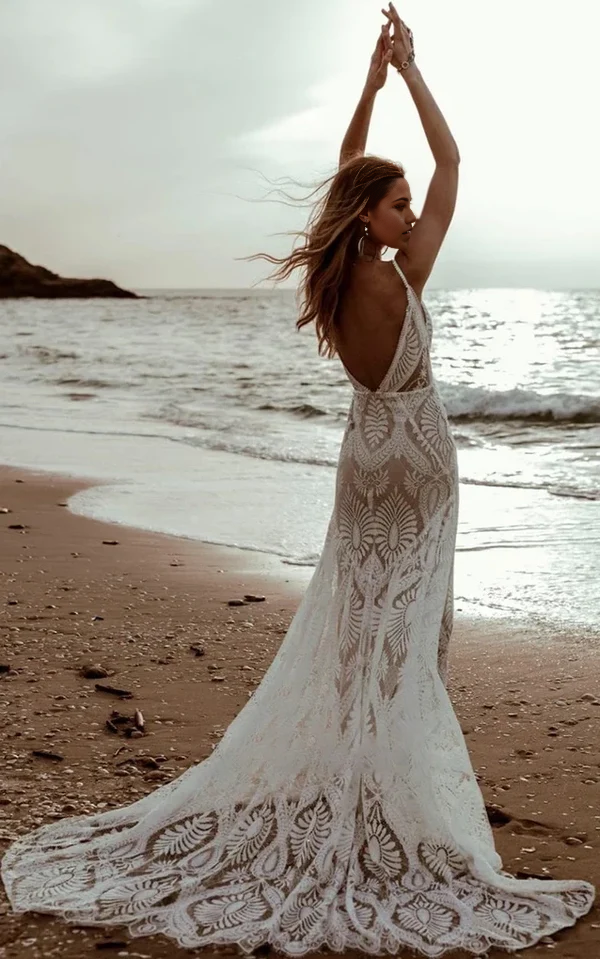 Wholesa Mermaid Plunging Boho Lace Beach Floral Wedding Dress with Sweep Train