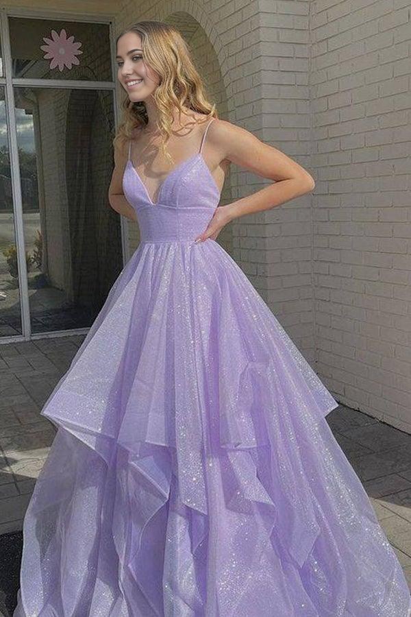 Wholesa A-line Simple V Neck Tulle Long Prom Dress Lilac Formal Dress