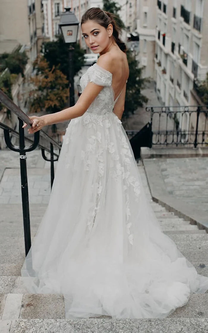 Wholesa Bohemian A Line Off-the-shoulder Tulle Short Sleeve Brush Train Wedding Dress with Appliques