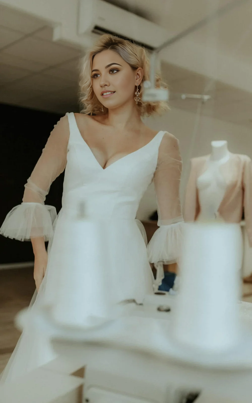 Wholesa A Line Tulle V-neck Bell Simple Wedding Dress with Ruching