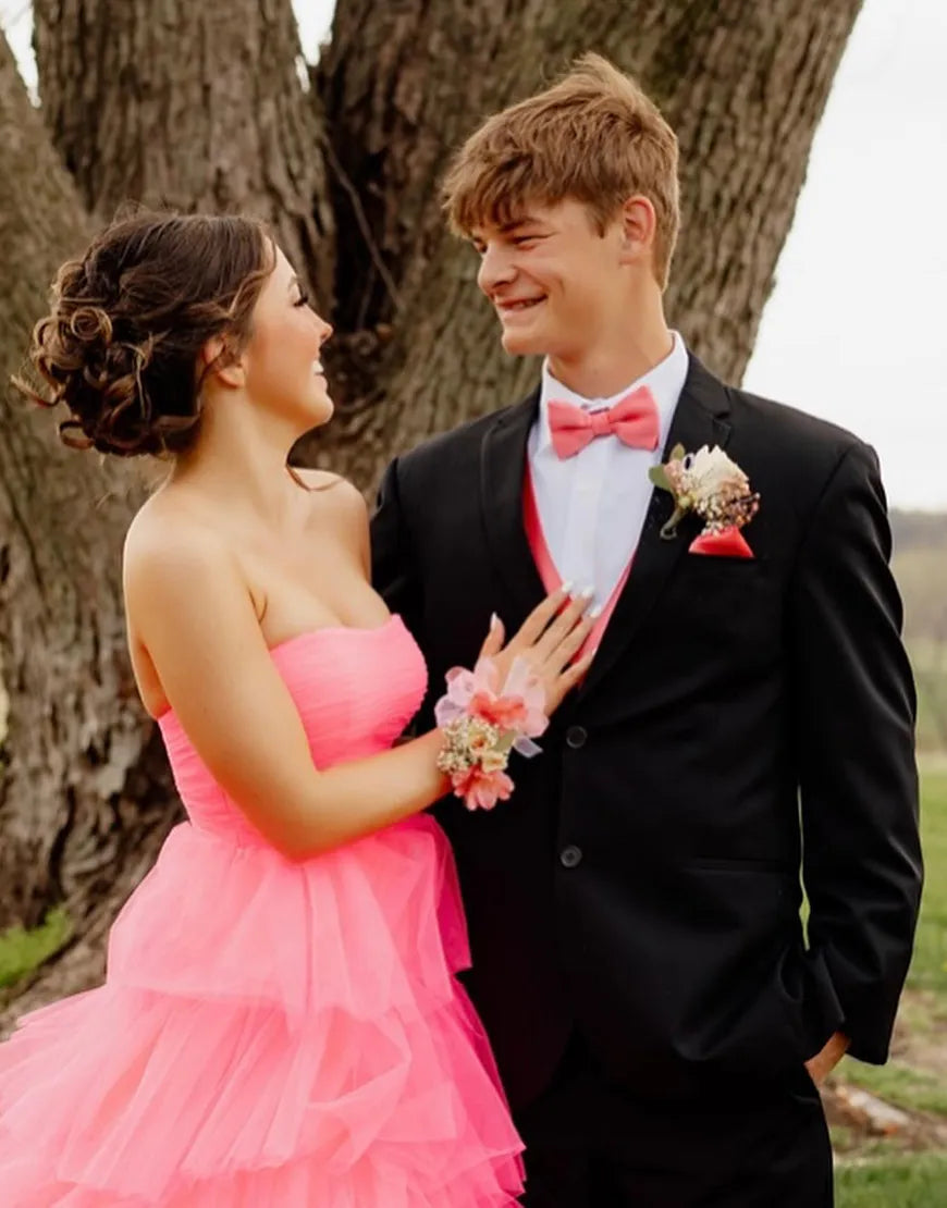 Wholesa A-Line Strapless Ruffles Tulle Light Pink Long formal dresses evening gown Prom Dress