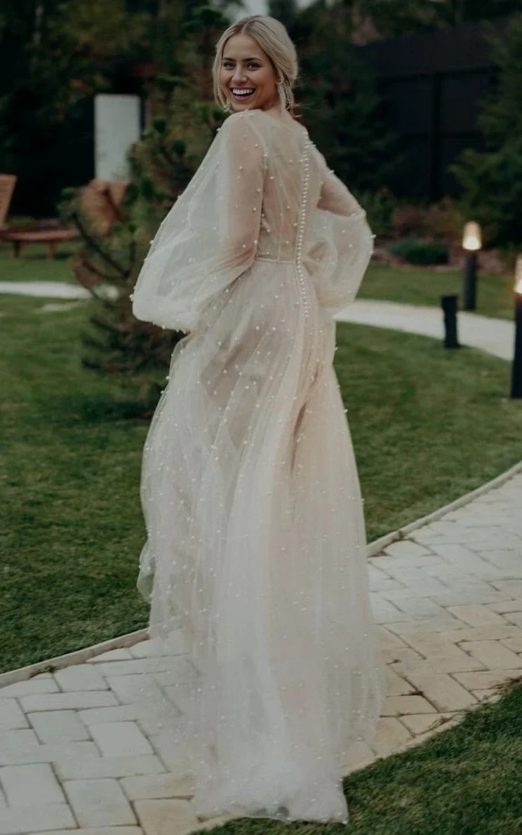 Wholesa A-Line Simple Modest Long Sleeve Tulle Elopement Illusion Wedding Dresses