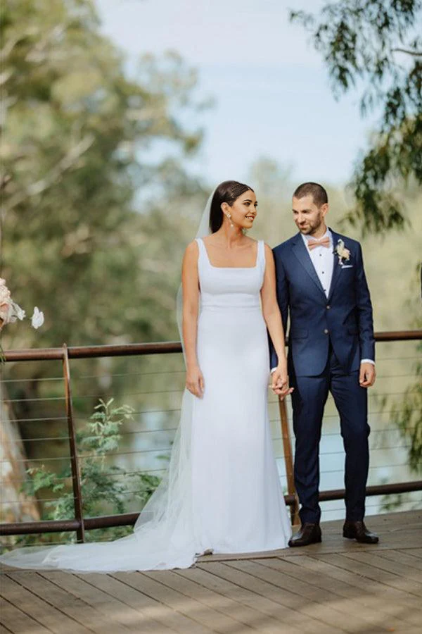 Wholesa Sheath Simple Square Neck Long Backless Wedding Dress