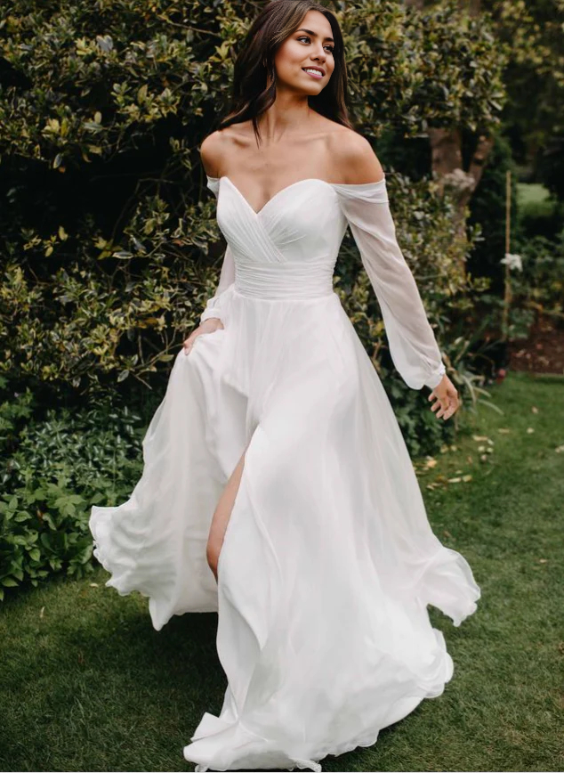 Wholesa A-Line Off-The-Shoulder Chiffon Long Sleeves Wedding Dresses With Slit