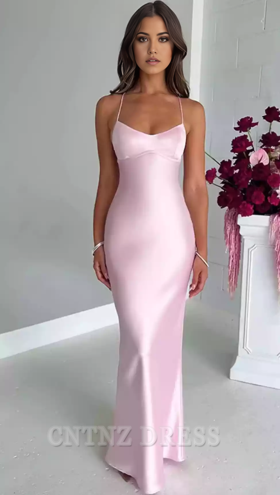 Wholesa Elegant Spaghetti Straps Satin Backless Sexy formal dresses Bridesmaid Dresses evening gown Prom Dress