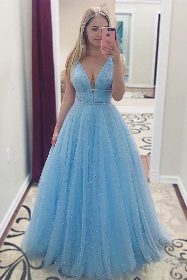 Wholesa Beaded Sky Blue V Neck Long Prom Dresses Pearls Tulle Cute Prom Dress