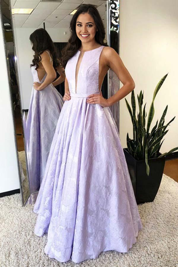 Wholesa A-Line Round Neck Floor-Length Lilac Printed Prom Dresses Evening Dress
