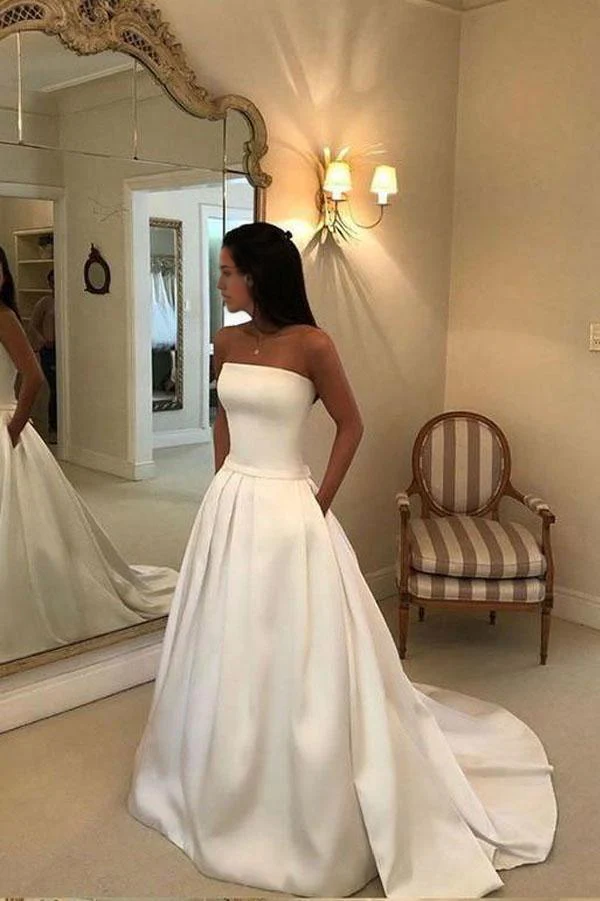 Wholesa A-line Strapless Ivory Open Back Satin Wedding Dress with Pockets