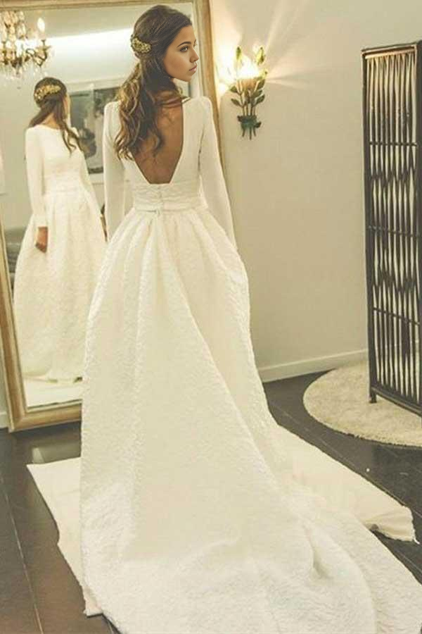 Wholesa A-Line Round Neck Backless Satin Wedding Dress with Sleeves