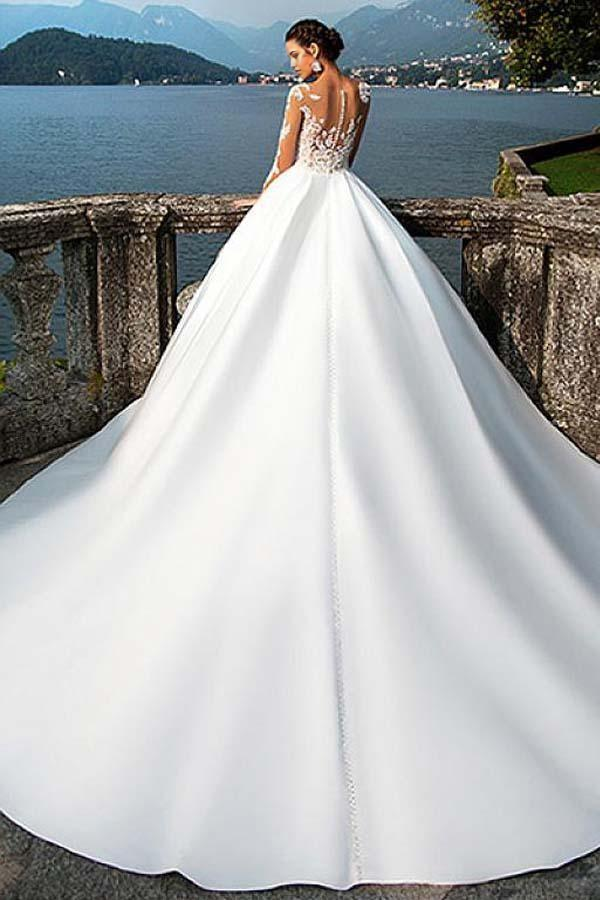 Wholesa A-Line Satin Bateau Lace Neckline Wedding Dresses With Appliques