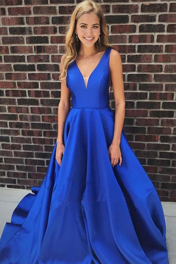 Wholesa A-line V Neck Satin Simple Prom Dresses Formal Dress
