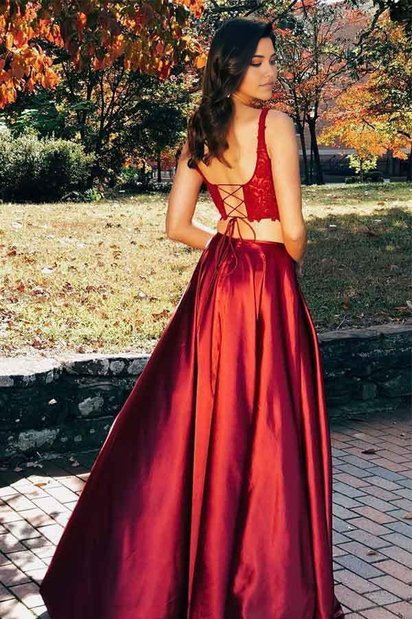 Wholesa Two Pieces Scoop Sleeveless Burgundy Split Criss Cross Back Prom Dress