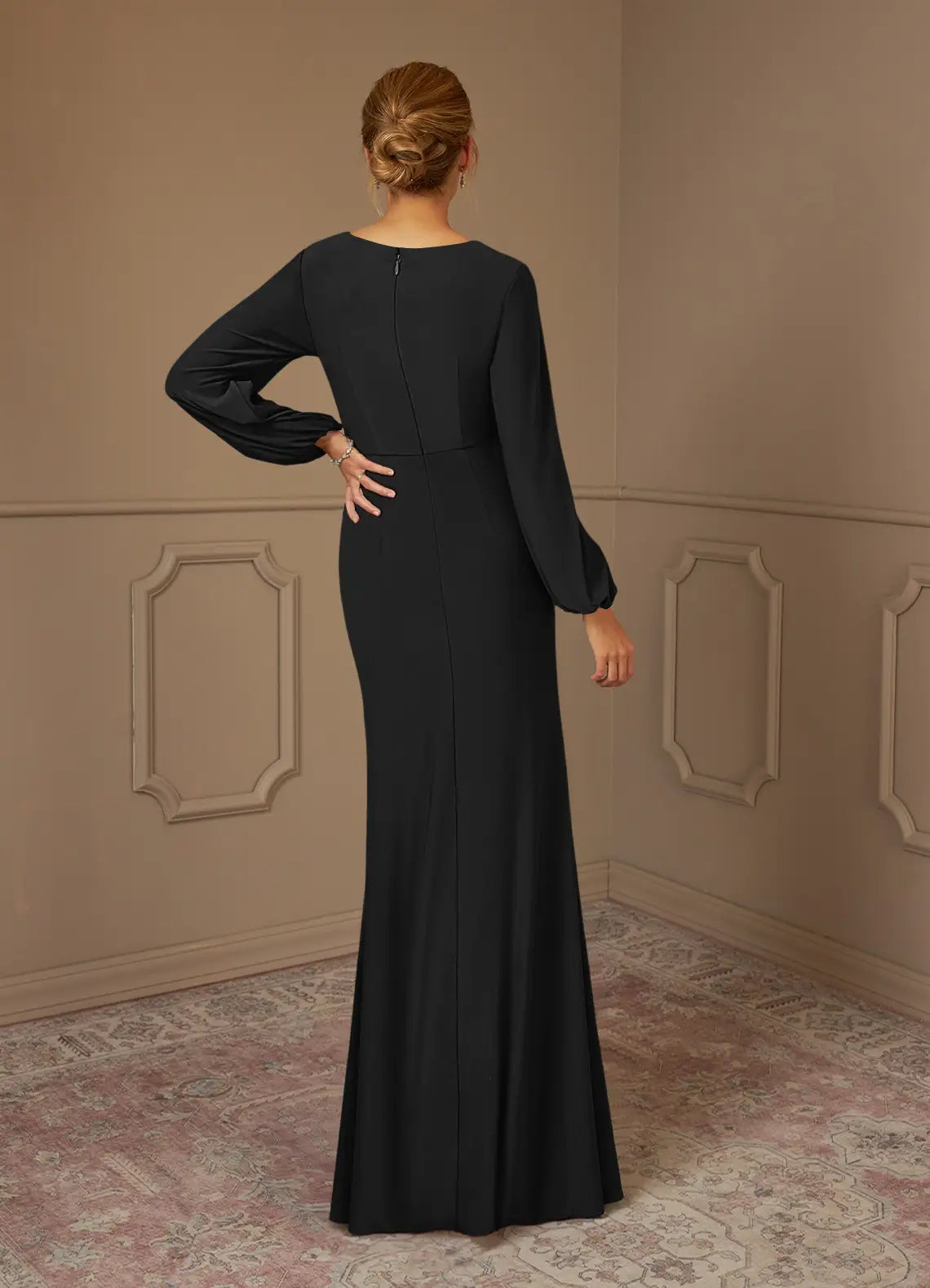 Wholesa Sheath Pleated Long Sleeve Black formal dresses evening dress Mother of the Bride Dresses