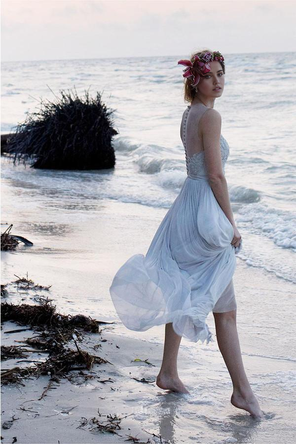 Wholesa Beach A-line Illusion Neckline Sheer Back Lace Chiffon Wedding Dress