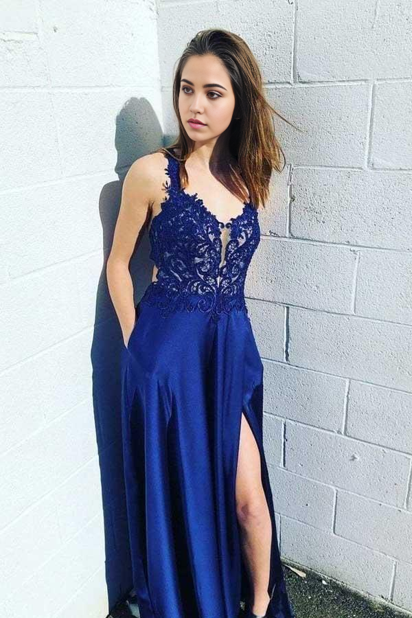 Wholesa A-line Lace Satin Royal Blue Side Split Prom Dresses Evening Dresses