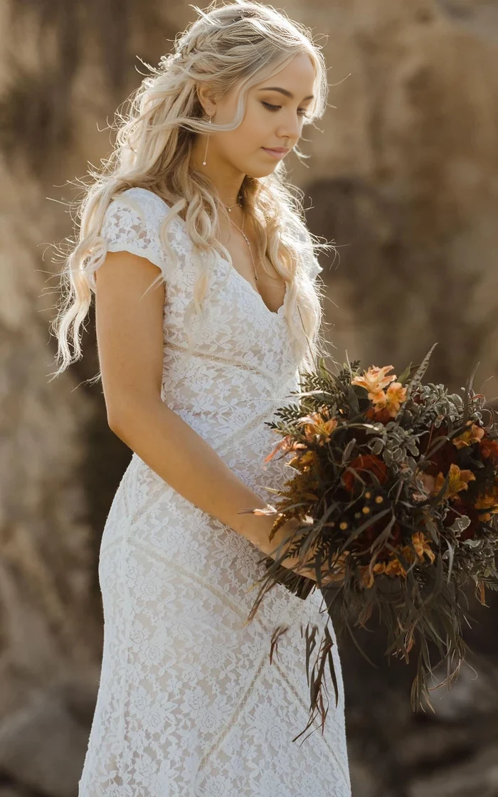 Wholesa Sheath Square V-neck Lace Wedding Dress with Short Sleeve Sweep Train