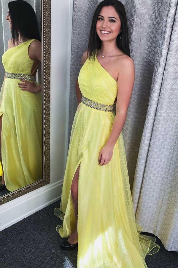Wholesa Classic One Shoulder Ruched Yellow Long Prom Dress Formal Dress