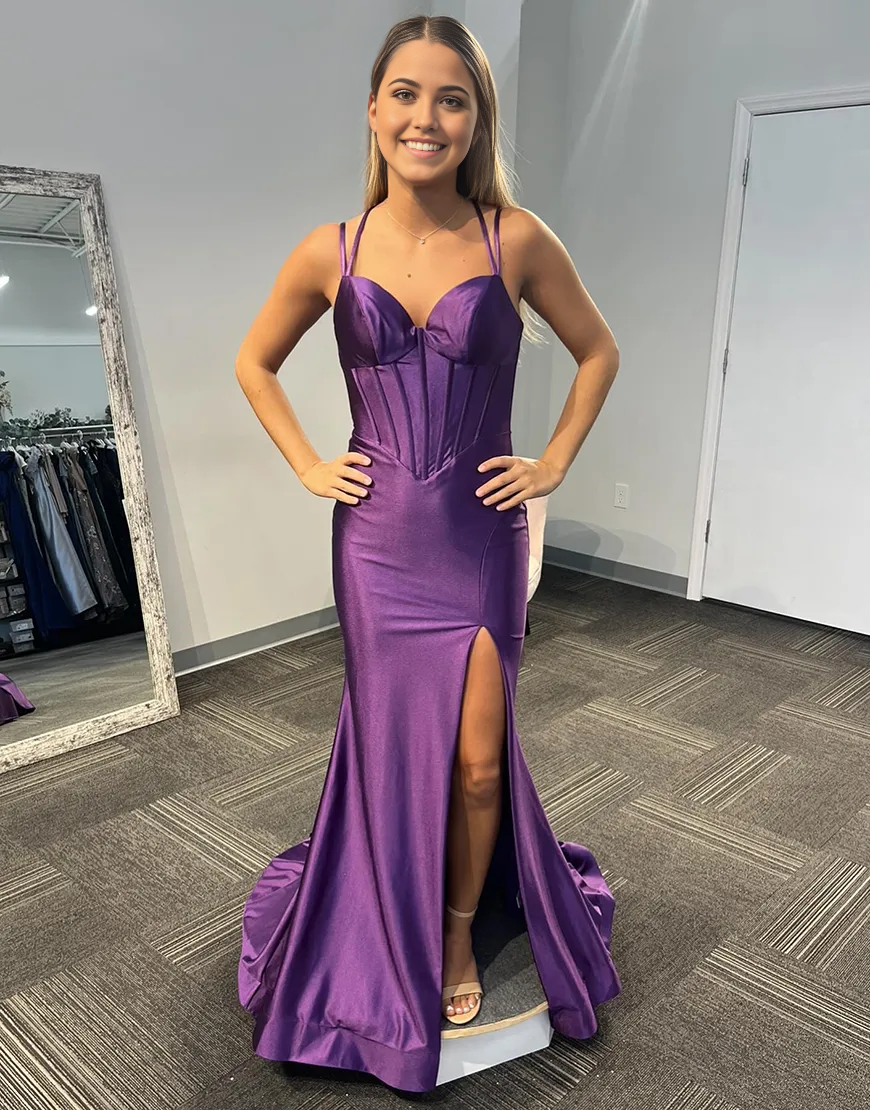 Wholesa Mermaid Double Spaghetti Straps Corset Satin Purple Long formal dresses evening gown Prom Dress with Slit