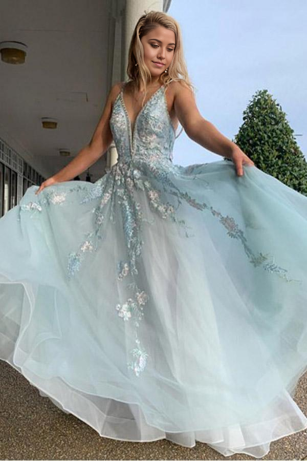 Wholesa A Line Spaghetti Straps Light Blue Prom Dress With Beading Appliques