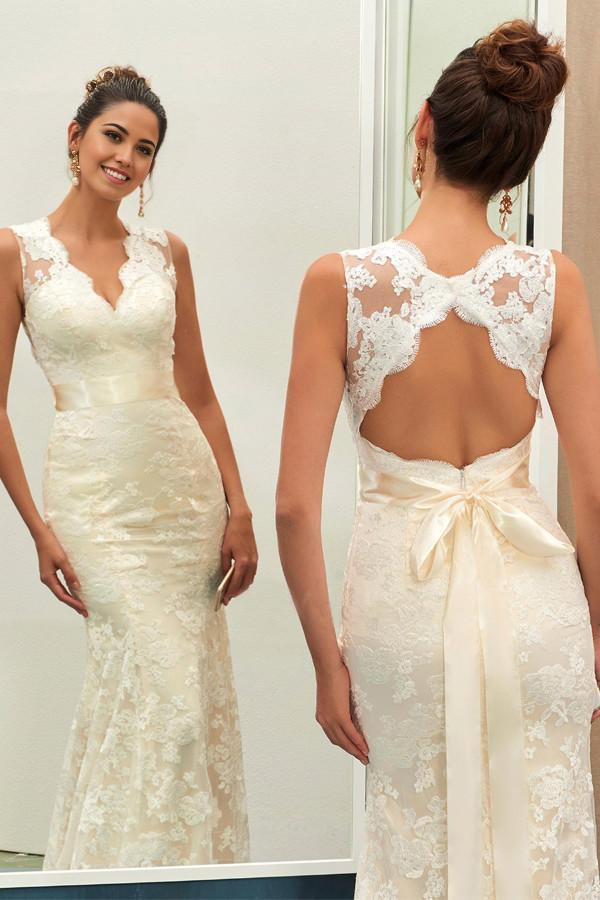 Wholesa Mermaid Sheath Charming V Neck Lace Wedding Dress With Sashes