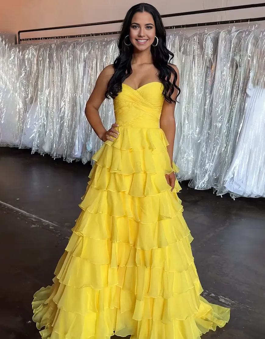 Wholesa A-Line Strapless Ruffles Ruched Yellow Long formal dresses evening gown Prom Dress