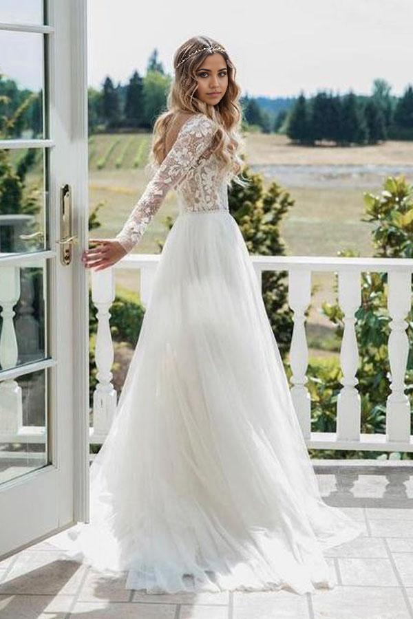 Wholesa A-line Long Sleeve Ivory Tulle See Through Backless Wedding Dresses