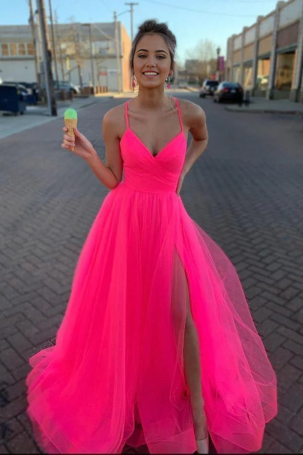 Wholesa A Line V Neck Hot Pink Tulle Prom Dresses Formal Dresses