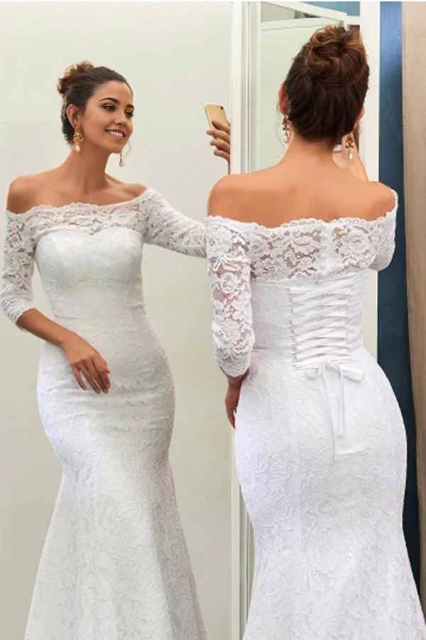 Wholesa Mermaid Off-The-Shoulder 3/4-Length Sleeves Lace-Up Wedding Dress
