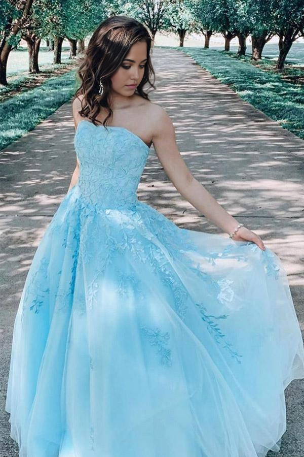 Wholesa A-line Lace Appliques Blue Long Prom Dress Evening Dress