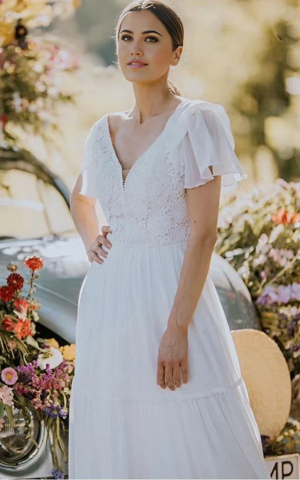 Wholesa A Line V-neck Lace Short Sleeve Floor-length Wedding Dress with Ruffles