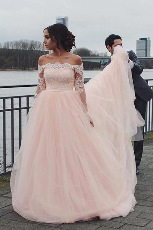 Wholesa A-line Off Shoulder Blush Pink Long Sleeves Wedding Dress