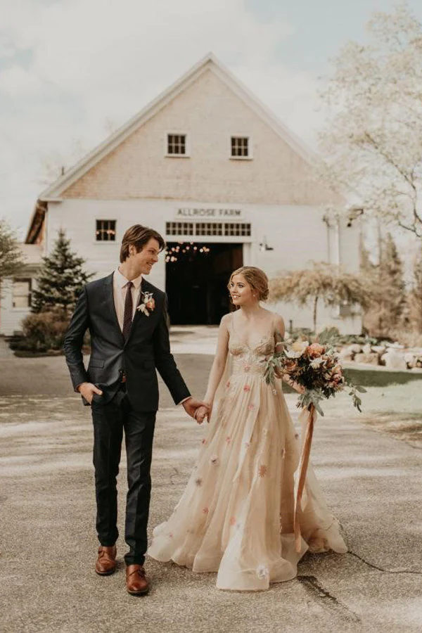 Wholesa A-line 3D Flower Colorful V Neck Tulle Forest Wedding Dresses