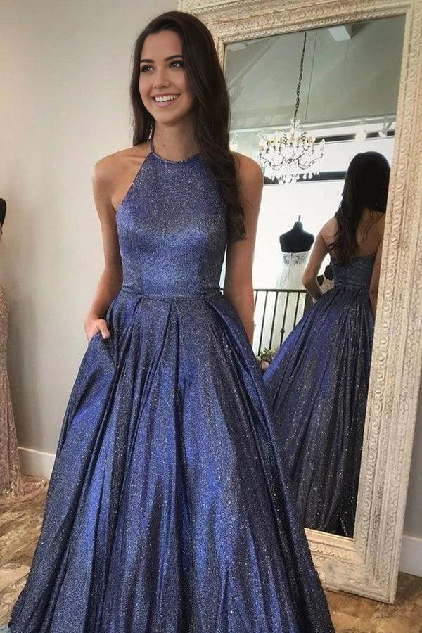 Wholesa A-line Cute Sparkly Halter Neck Long Prom Dresses Formal Dress