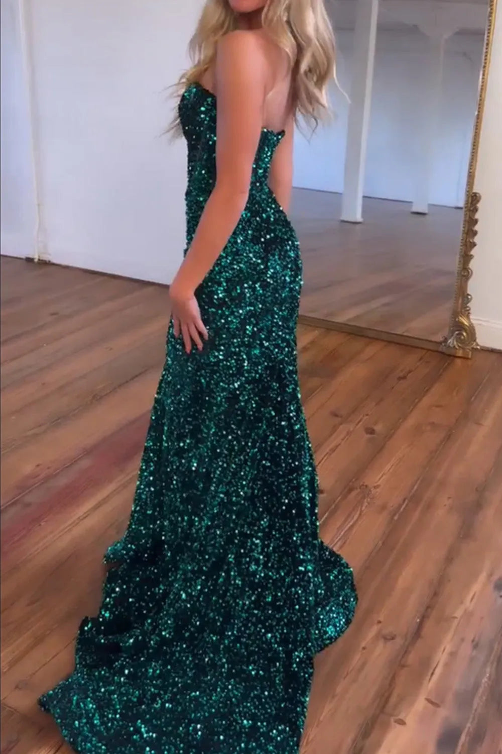 Wholesa Mermaid Sweetheart Glitter Sequin Dark Green formal dress evening gown Long Prom Party Dress