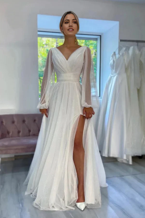 Wholesa Beach A-Line Sparkly V-Neck Long Sleeves Wedding Dress