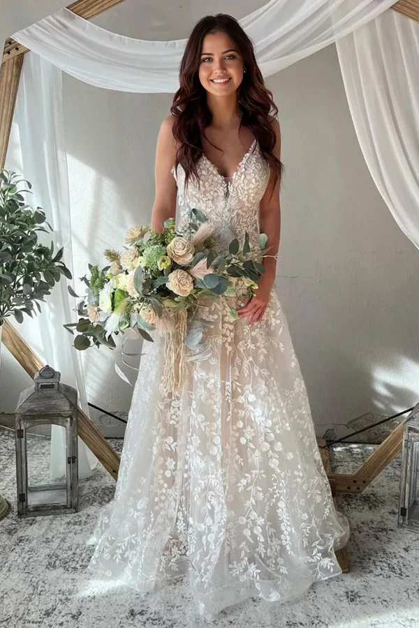 Wholesa A-Line Elegant Spaghetti Straps Key Hole Back Wedding Dress