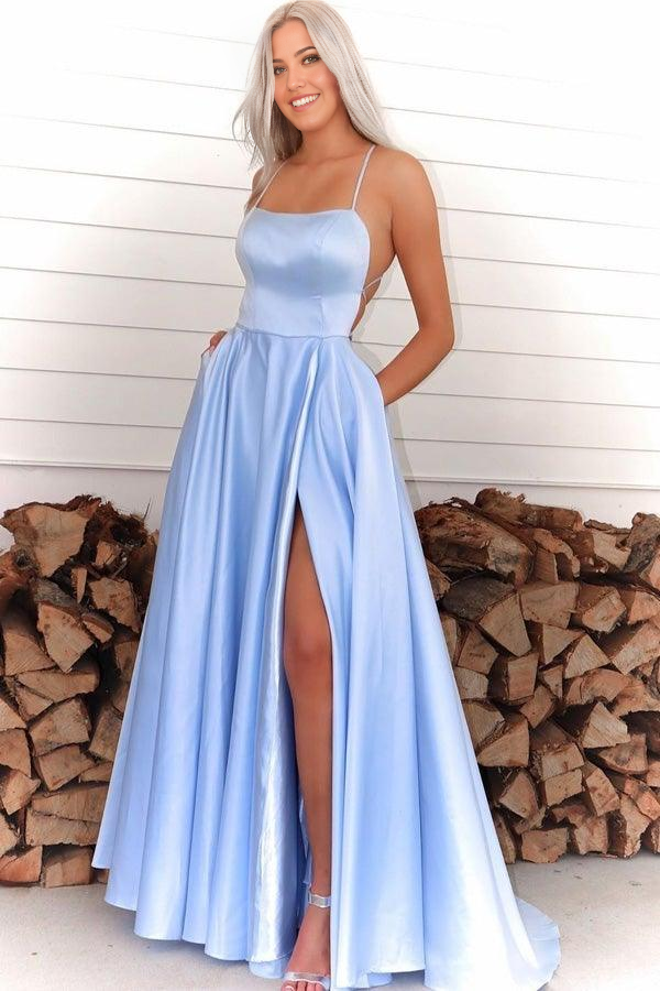 Wholesa Spaghetti straps Royal Blue High Slit Long Prom Dresses Evening Dresses
