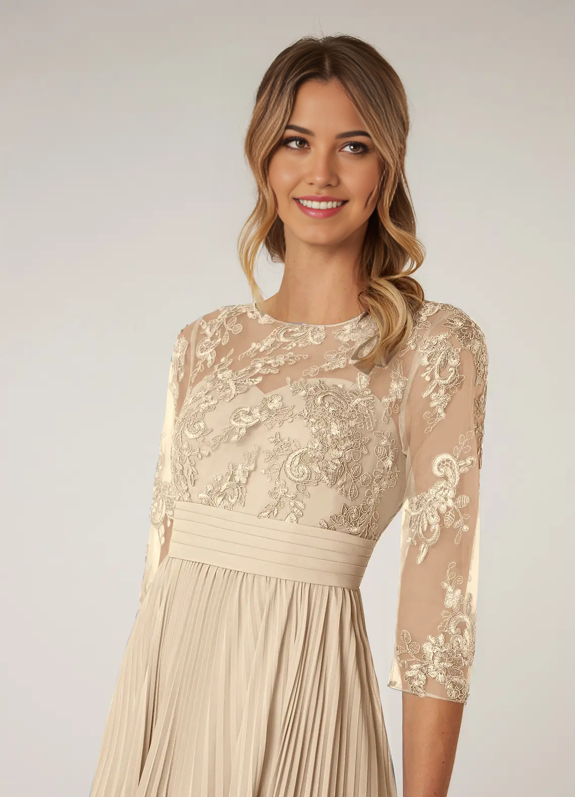Wholesa A-Line Boatneck Lace Chiffon Appliques Champagne Mother of the Bride Dresses