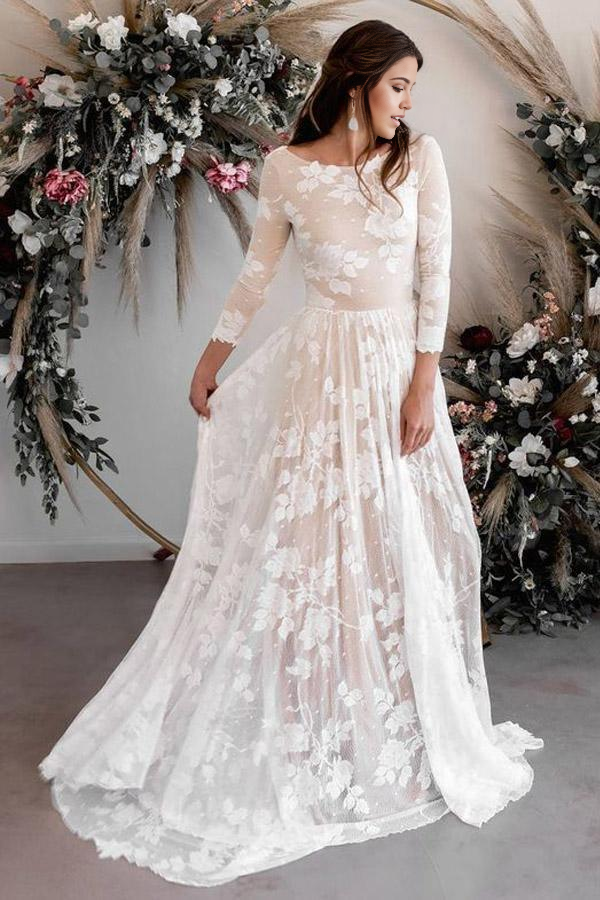 Wholesa A-line Scoop Neck Long Sleeves Lace Bridal Gown Weddding Dress