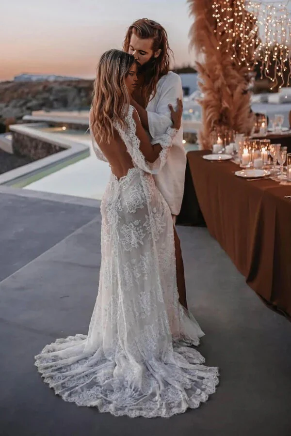 Wholesa Boho V-neck Lace Appliques Long Sleeve Wedding Dress