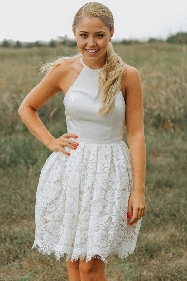 Wholesa A-Line Lace Halter Neckline Backless Ivory Short Homecoming Dress