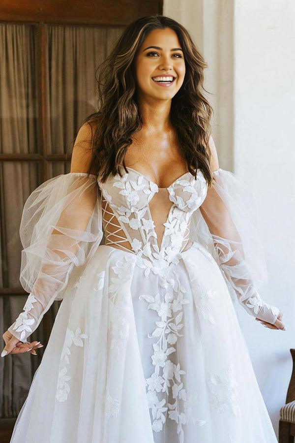 Wholesa Bohemian Off The Shoulder Long Sleeves Lace Appliques Wedding Dress