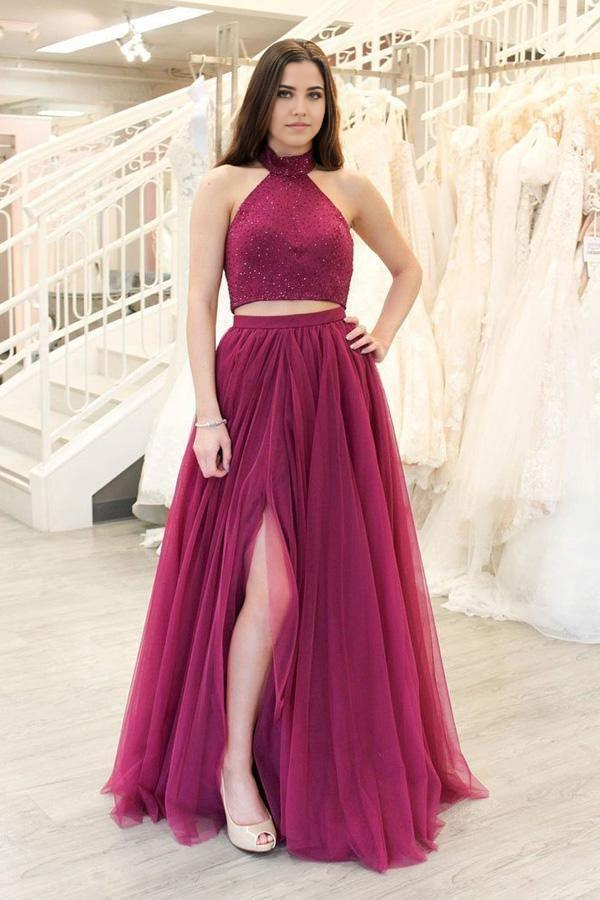 Wholesa A-line Two Piece Fuchsia Prom Dresses Long Split Tulle Evening Dresses