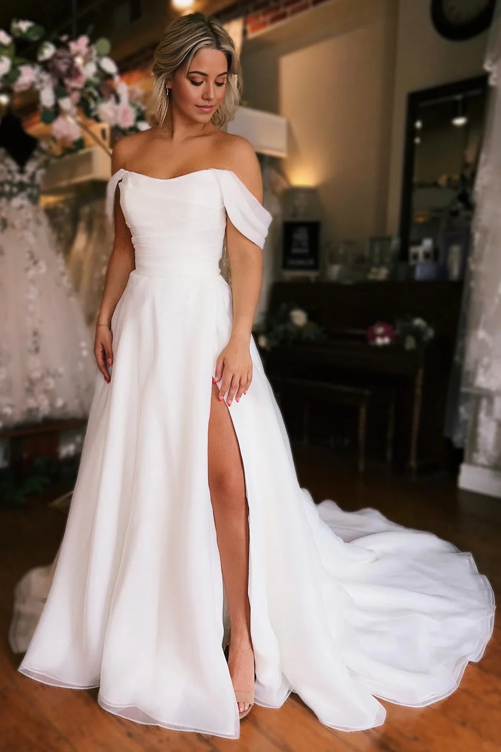 Wholesa Elegant Off-the-Shoulder Long Wedding Dress with Slit