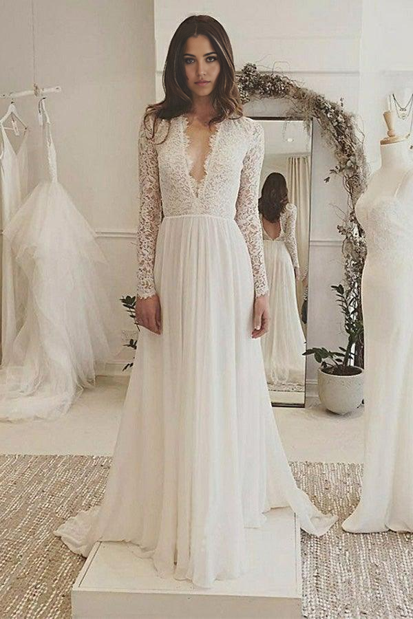 Wholesa A-line V-Neck Long Sleeves Backless Ivory Chiffon Wedding Dress with Lace