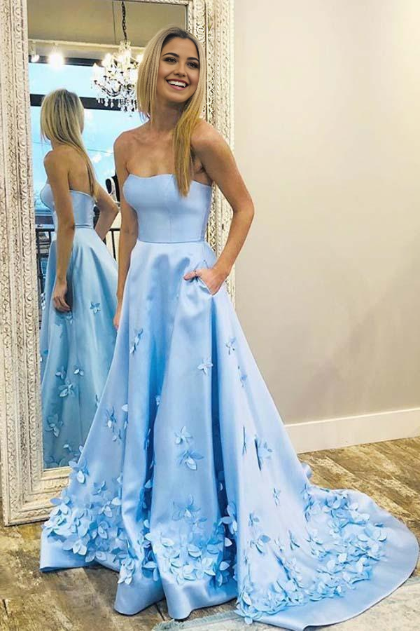 Wholesa A-Line 3D Floral Sweetheart Sky Blue Applique Long Prom Dresses With Pocket