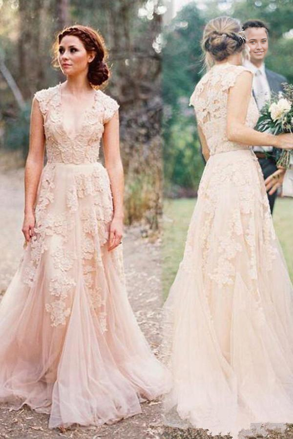 Wholesa A-line V-neck Sleeveless Floor-Length Wedding Dress with Lace