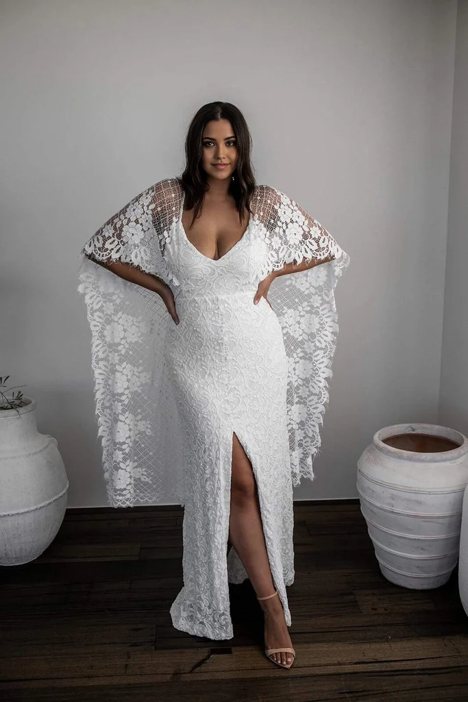 Wholesa Sheath Scoop Backless Lace Wedding Dress with Split Wraps